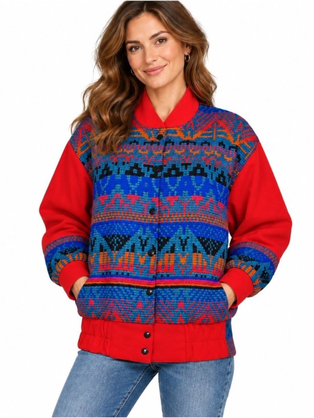 Vintage 80s 90s Colorful Geometric Tapestry Bomber Jacket Southwestern Large